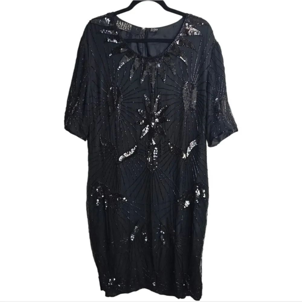 Vintage Jakelin Designs Silk Beaded Chic Black Sequin Midi Dress Size 1X